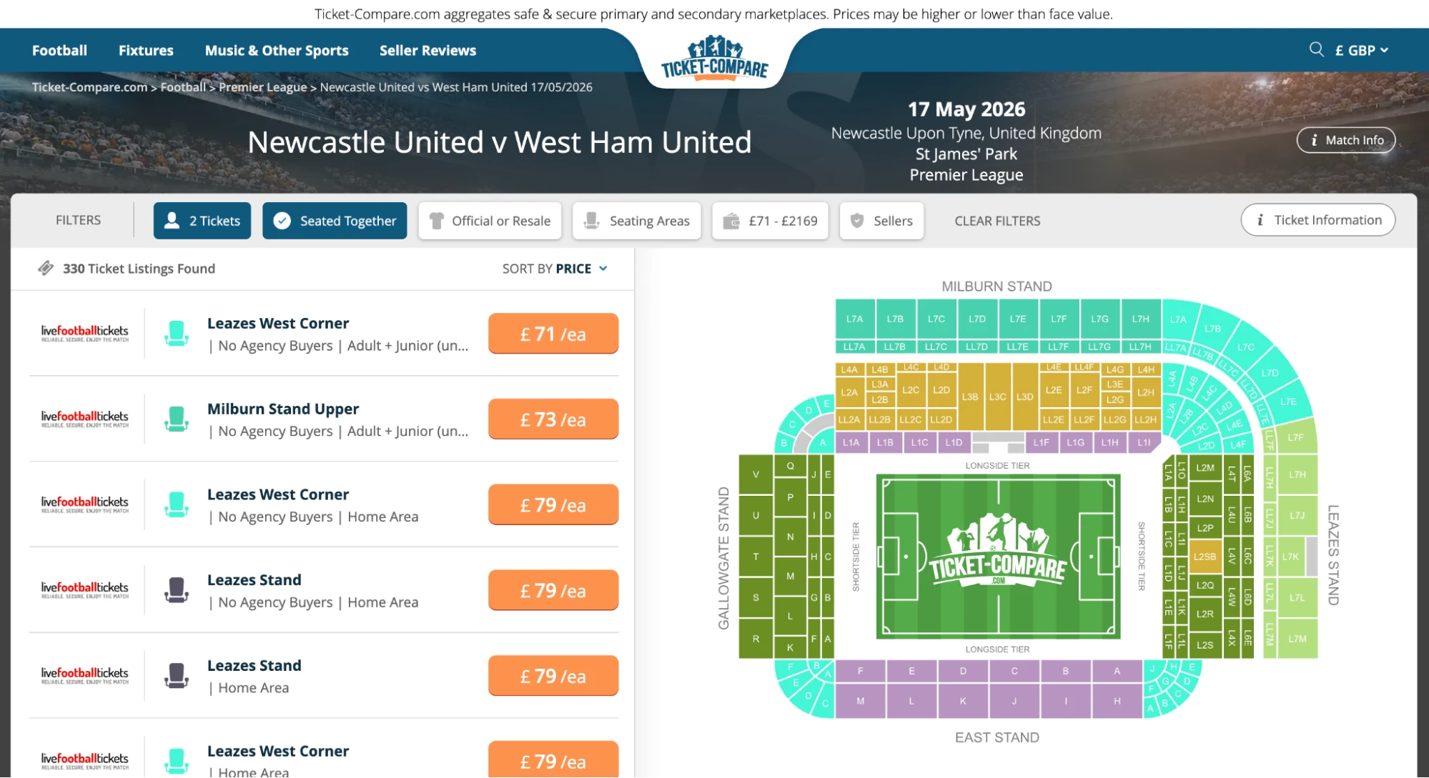 Screenshot of Newcastle United v West Ham United tickets page on bubbleblissbeauty.com