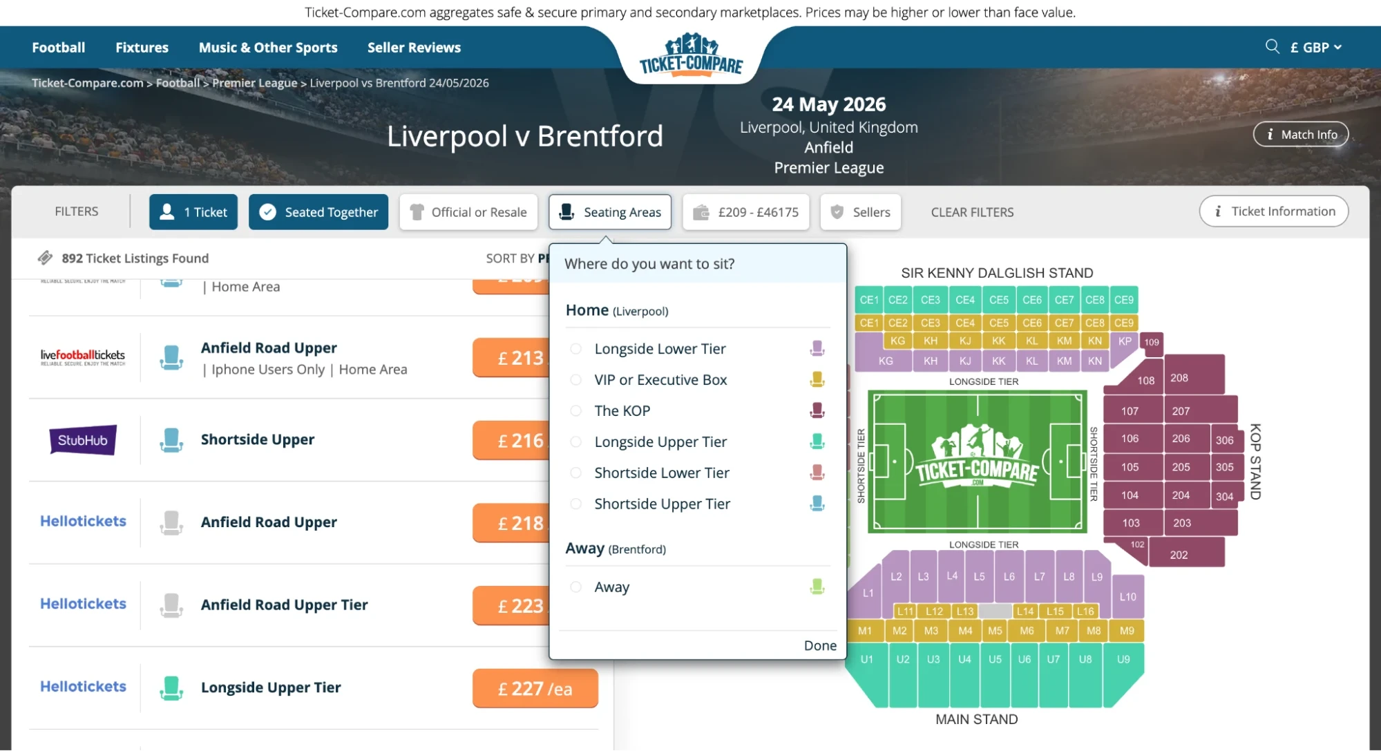 Screenshot of Seating Areas option on Brentford v Crystal Palace tickets page on bubbleblissbeauty.com