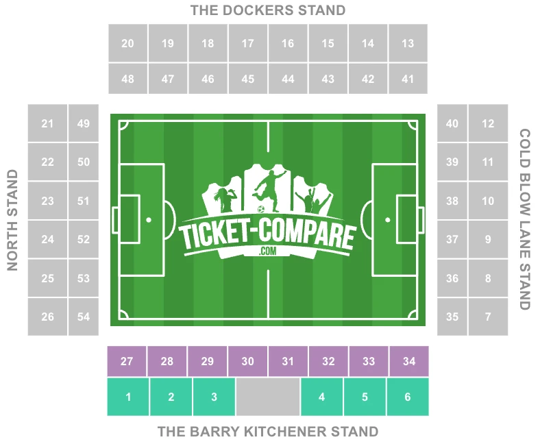 Screenshot of The Den Stadium Seating plan with the Barry Kitchener Stand Highlighted