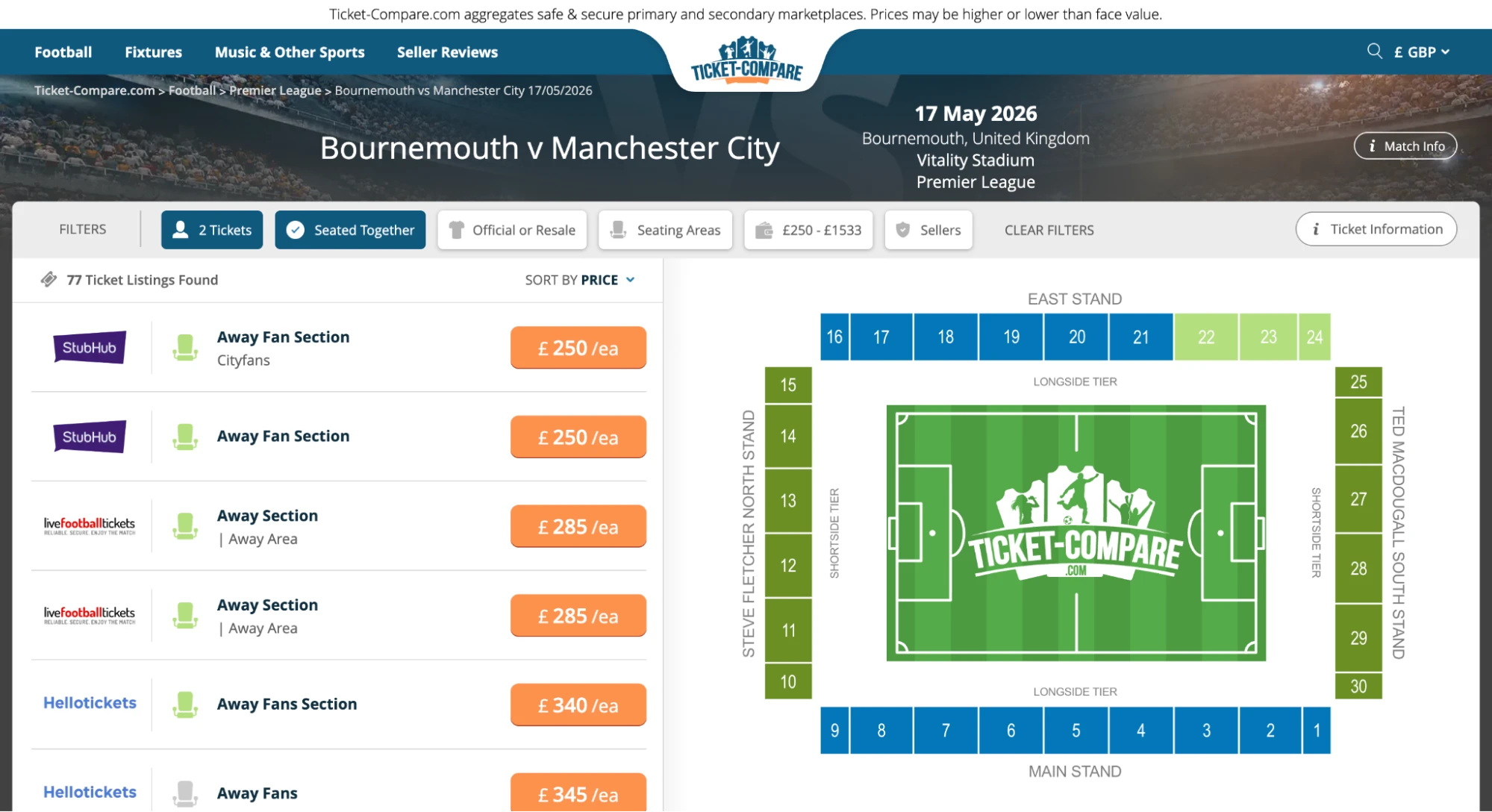 Screenshot of Bournemouth v Man City tickets page on bubbleblissbeauty.com
