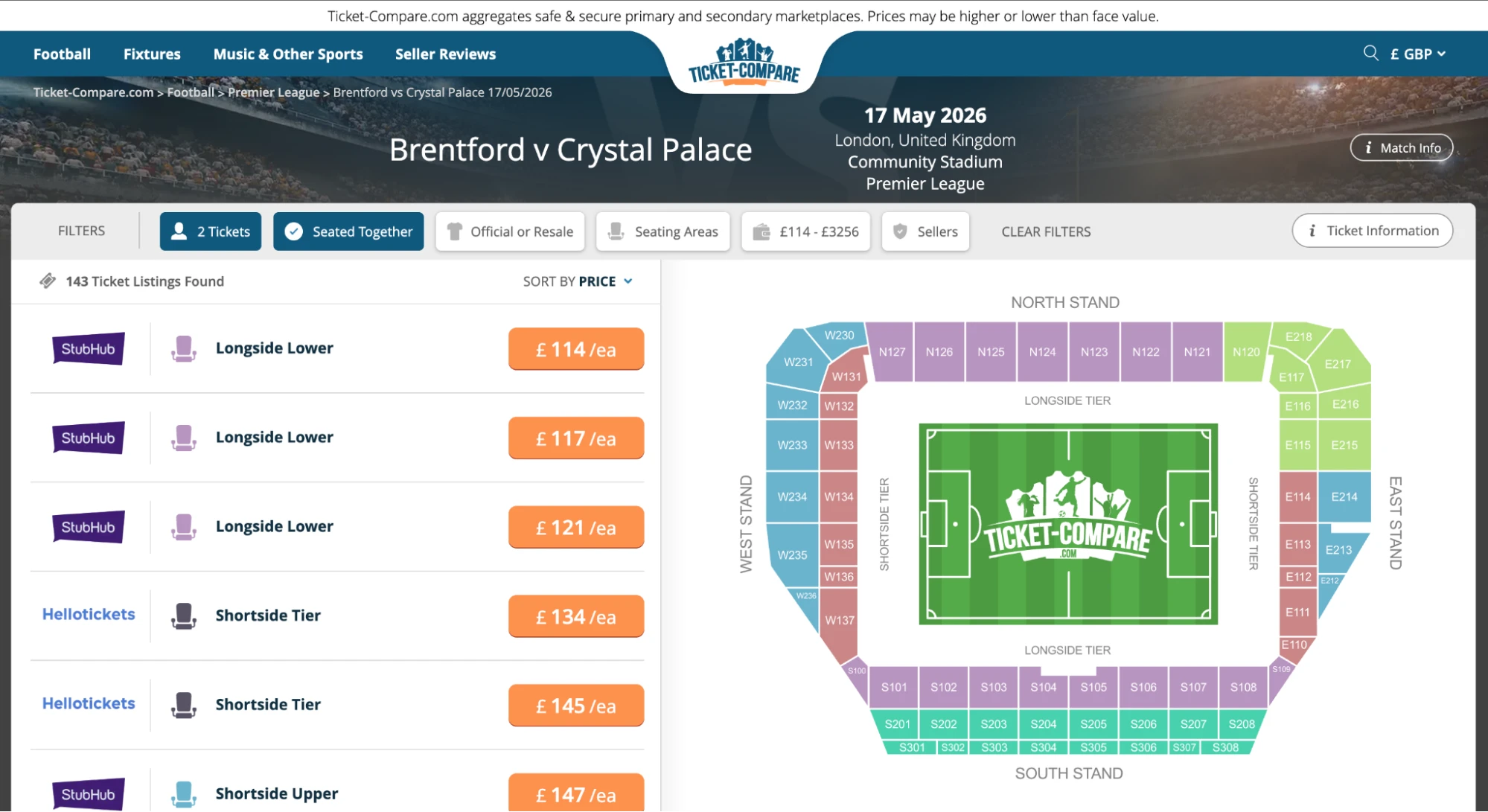 Screenshot of Brentford v Crystal Palace tickets page on bubbleblissbeauty.com