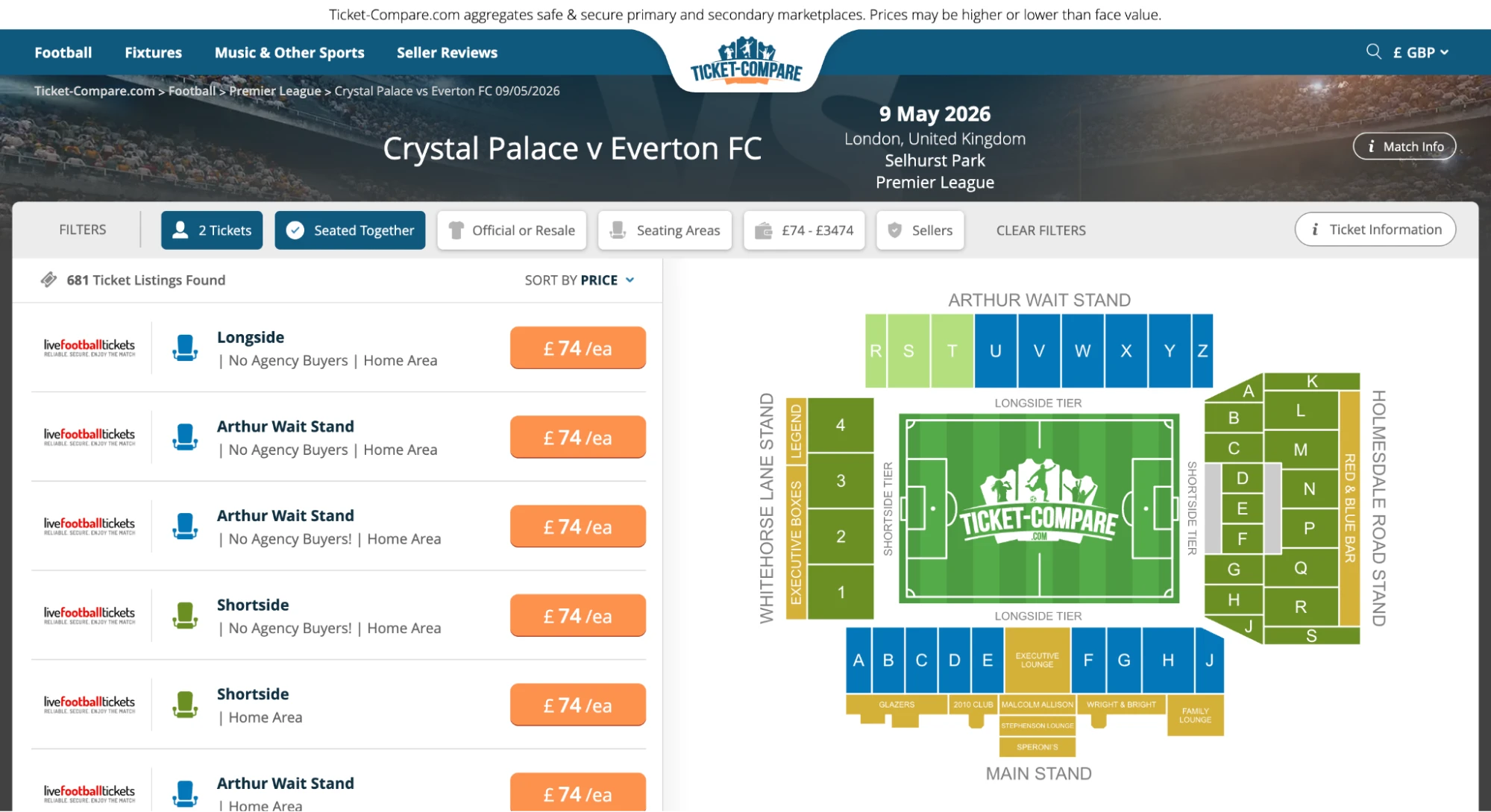 Screenshot of Crystal Palace v Everton FC tickets page on bubbleblissbeauty.com