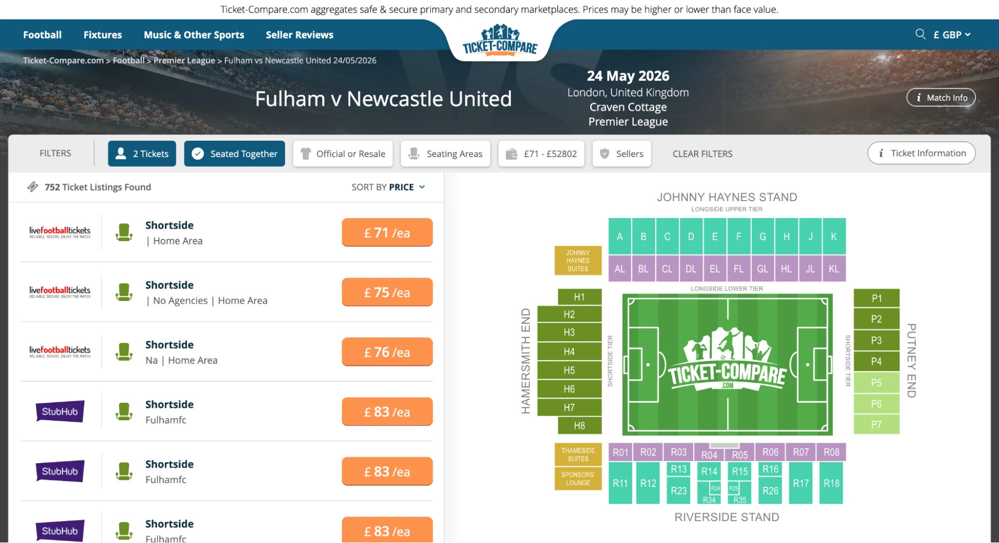 Screenshot of Fulham v Newcastle Untited tickets page on bubbleblissbeauty.com