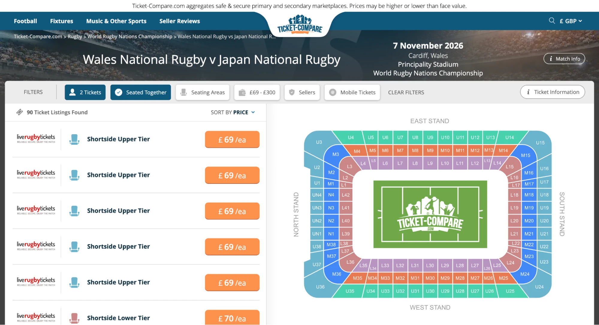 Screenshot of Wales National Rugby v Japan National Rugby tickets page on bubbleblissbeauty.com